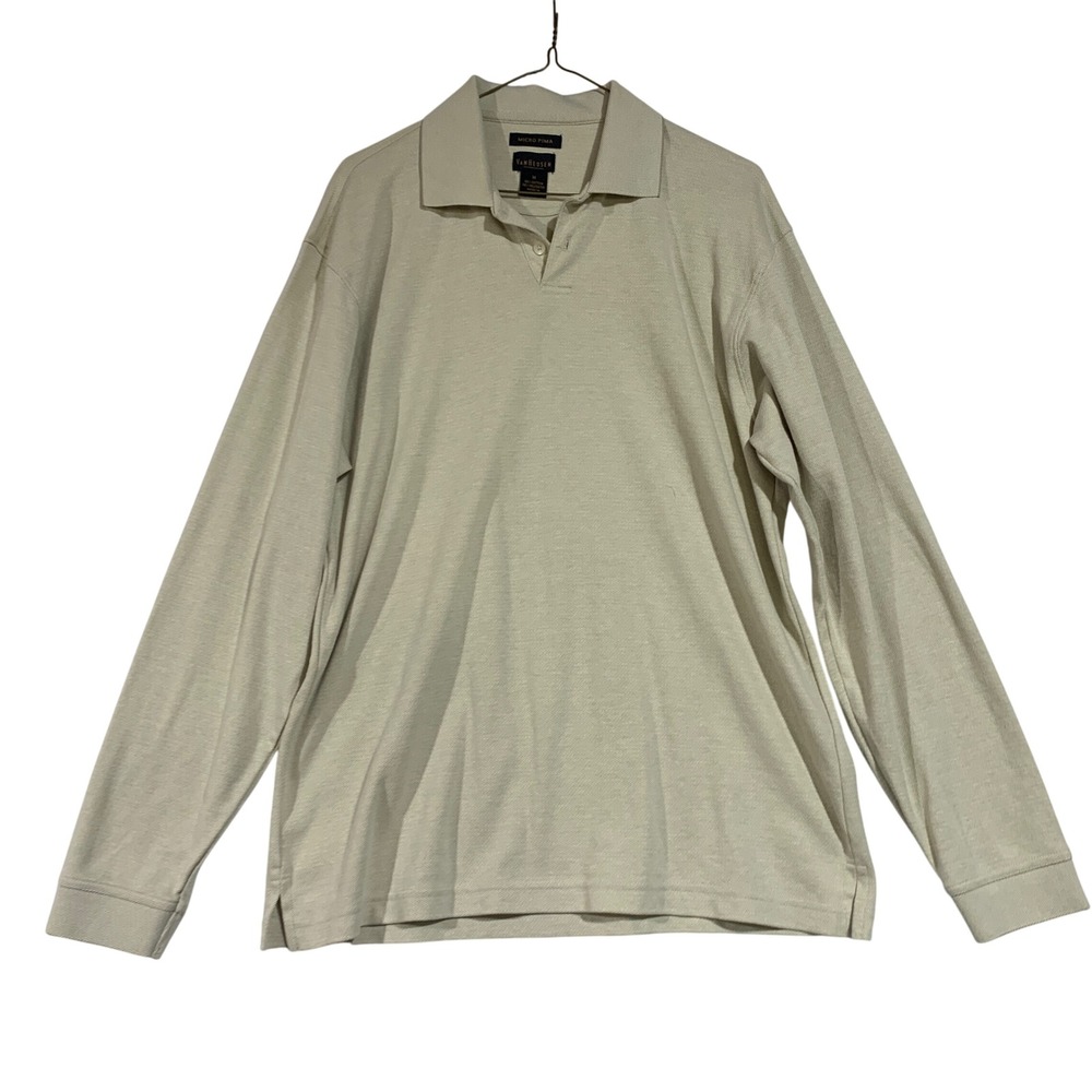 VTG Van Heusen Micro‎ Pima Mens Polo Shirt Long Sleeve Beige Cotton Blend Medium